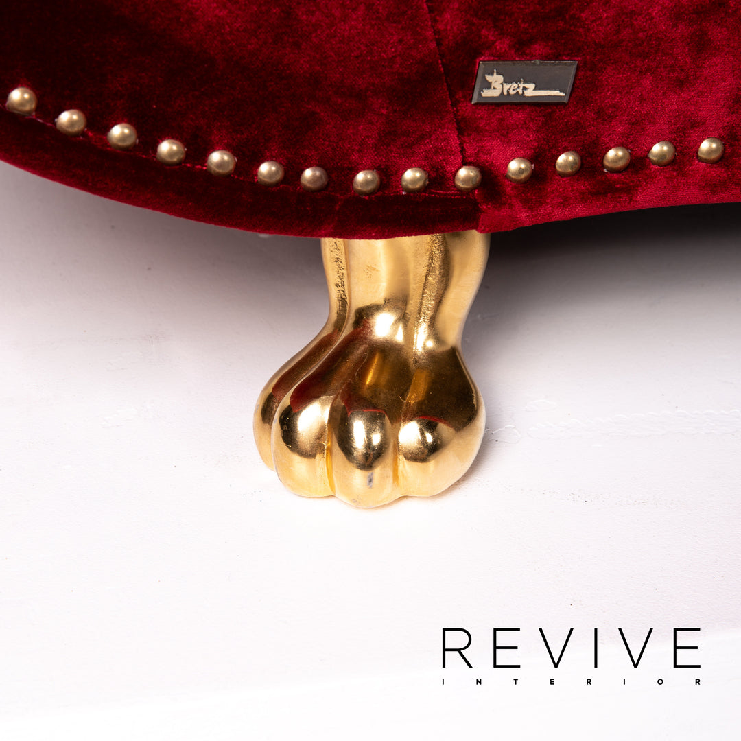 Bretz Gaudi Velvet Fabric Sofa Red Three Seater Couch Gold Plated #14192