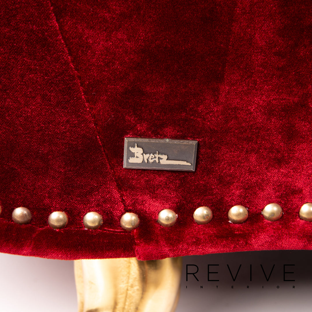 Bretz Gaudi Velvet Fabric Sofa Red Three Seater Couch Gold Plated #14192