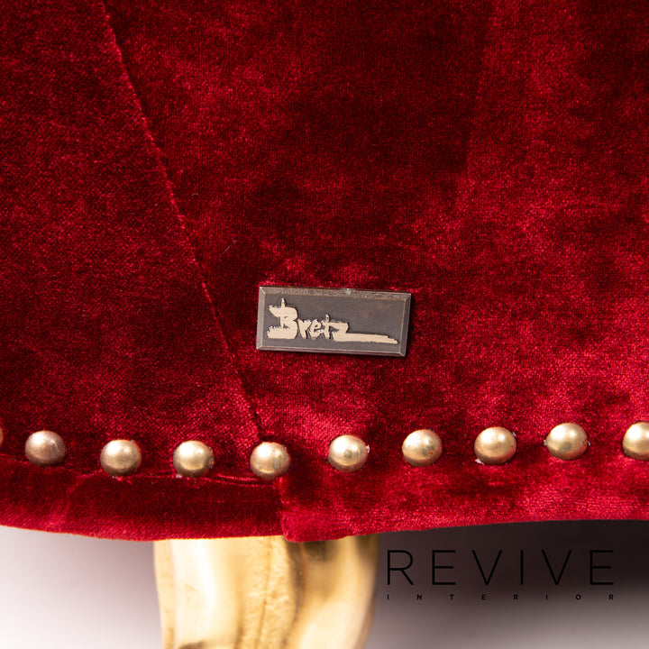 Bretz Gaudi Velvet Fabric Sofa Red Three Seater Couch Gold Plated #14192