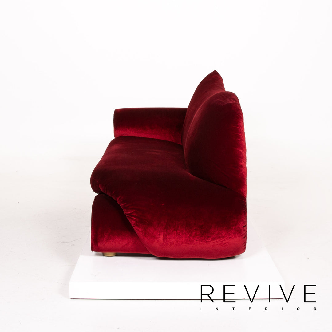 Bretz Gaudi Velvet Fabric Sofa Red Three Seater Couch Gold Plated #14192