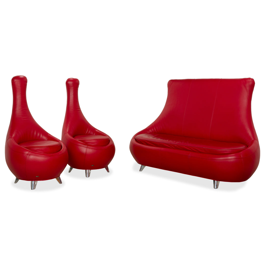 Bretz Jeannie Leather Three-Seater + 2 Armchairs Red Sofa Couch