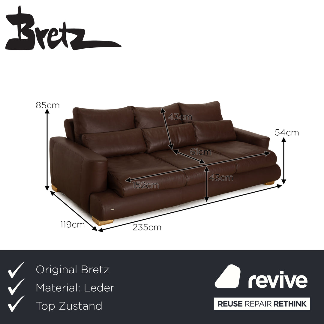Bretz Leather Three Seater Brown Sofa Couch