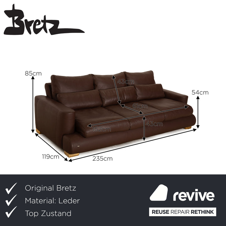 Bretz Leather Three Seater Brown Sofa Couch
