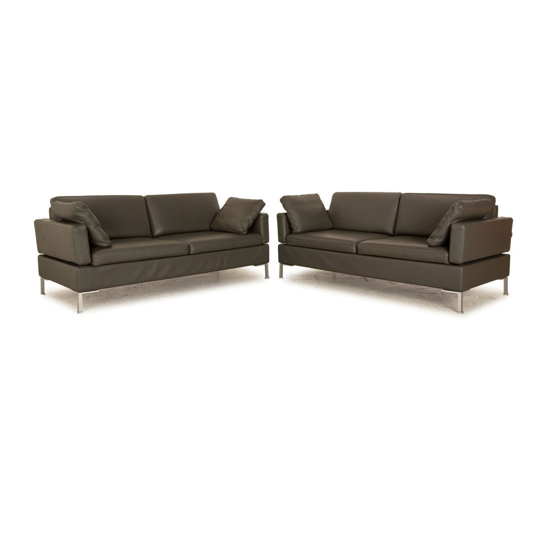 Brühl Alba Leder Sofa Garnitur Grau manuelle Funktion 2x Dreisitzer Couch