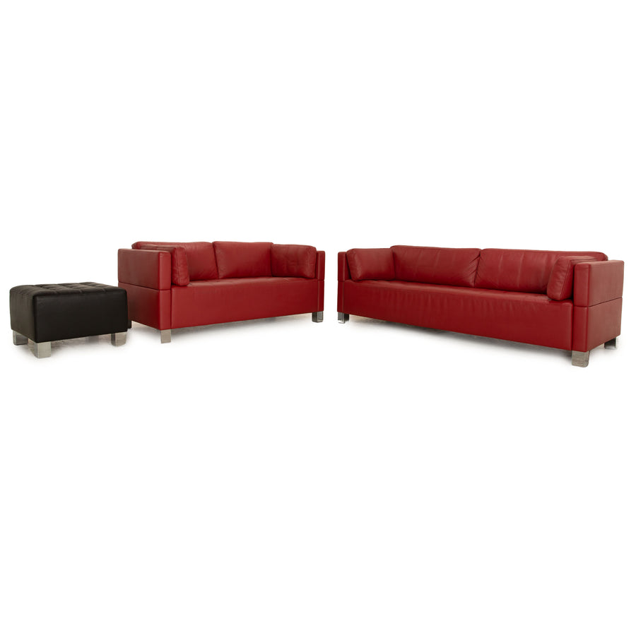 Brühl Carée Leder Sofa Garnitur Rot Zweisitzer Hocker Dreisitzer  Couch