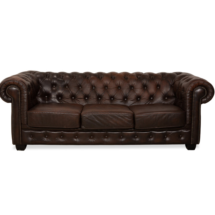 Chesterfield Leather Three Seater Brown Sofa Couch