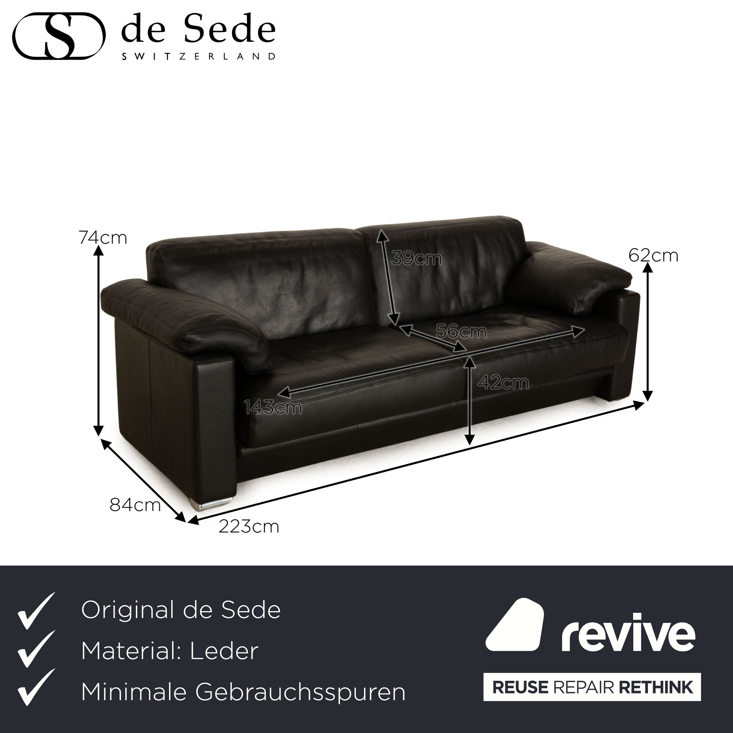 de Sede DS 17 Leder Dreisitzer Schwarz Sofa Couch
