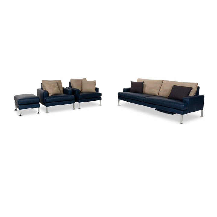 FSM Clarus Leather Three-Seater Armchair Stool Blue Brown Manual Function