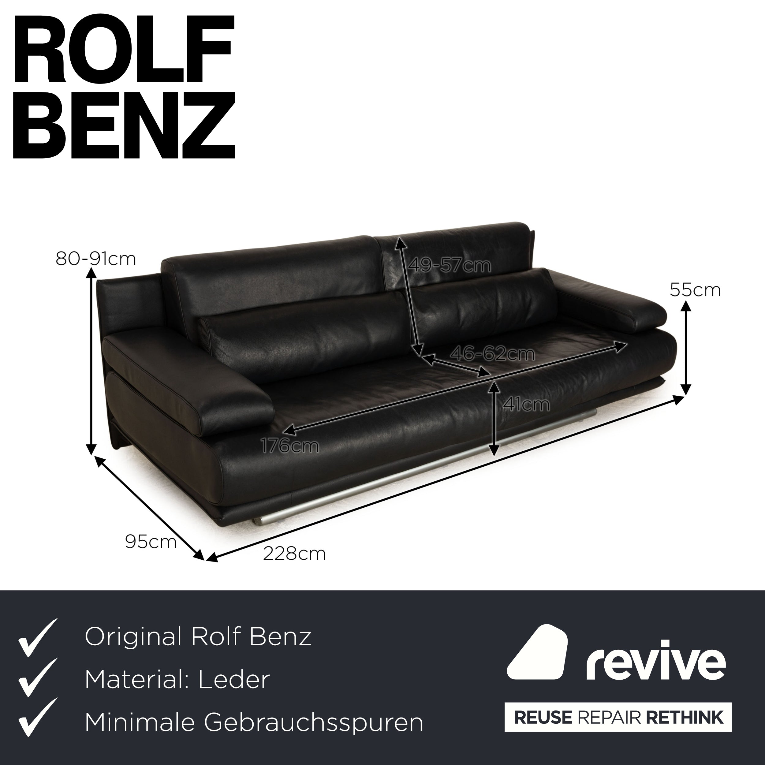 Rolf Benz 6500 Leder Dreisitzer Dunkelblau Sofa Couch manuelle Funktion