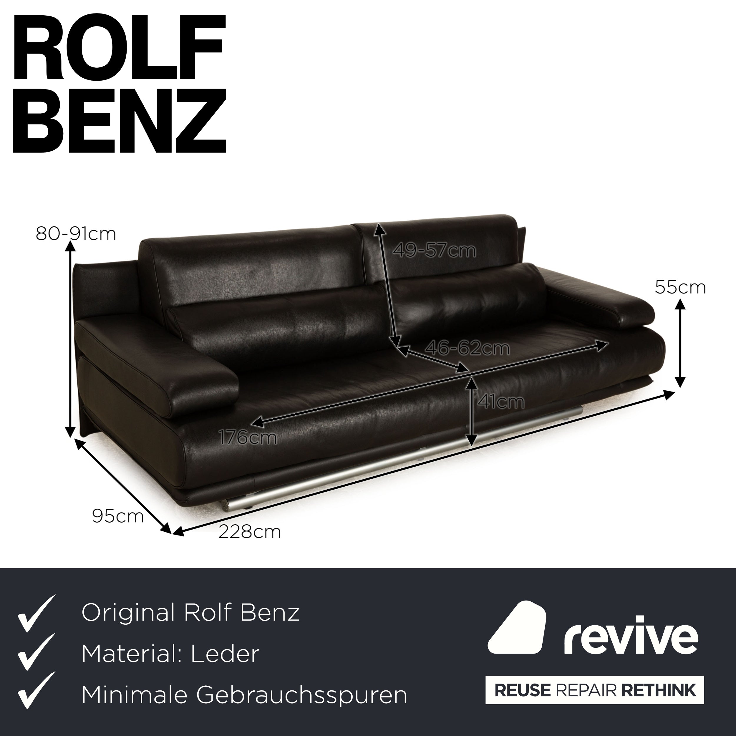 Rolf Benz 6500 Leder Dreisitzer Schwarz Sofa Couch manuelle Funktion