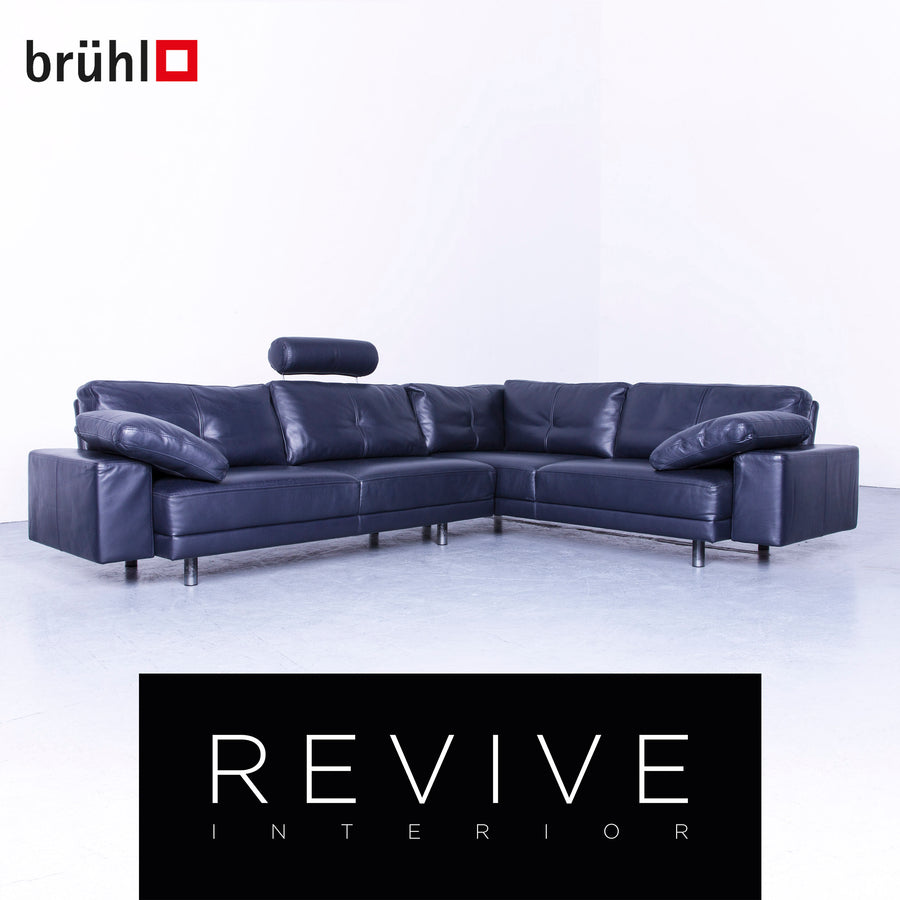 Brühl Designer Leder Ecksofa Schwarz Echtleder Kopfstütze Couch #4673