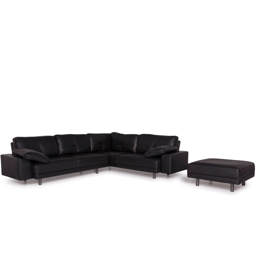 Brühl & Sippold Leather Sofa Set Black Corner Sofa Stool #11921