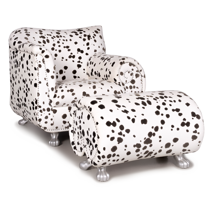 Bretz Gaudi Designer Stoff Sessel Weiß Dalmatiner Muster Stuhl mit Hocker #7807