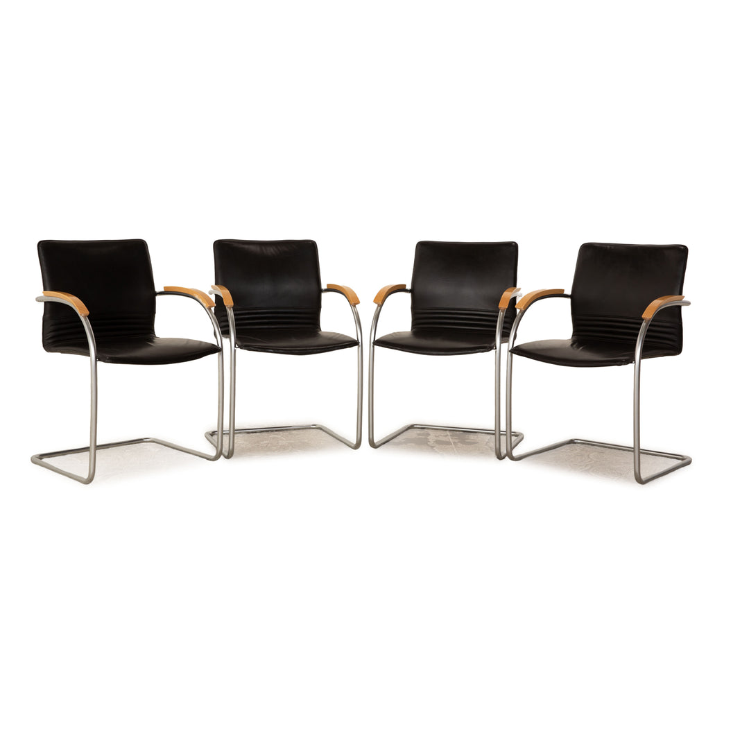 Set of 4 Thonet S 79 leather chairs black