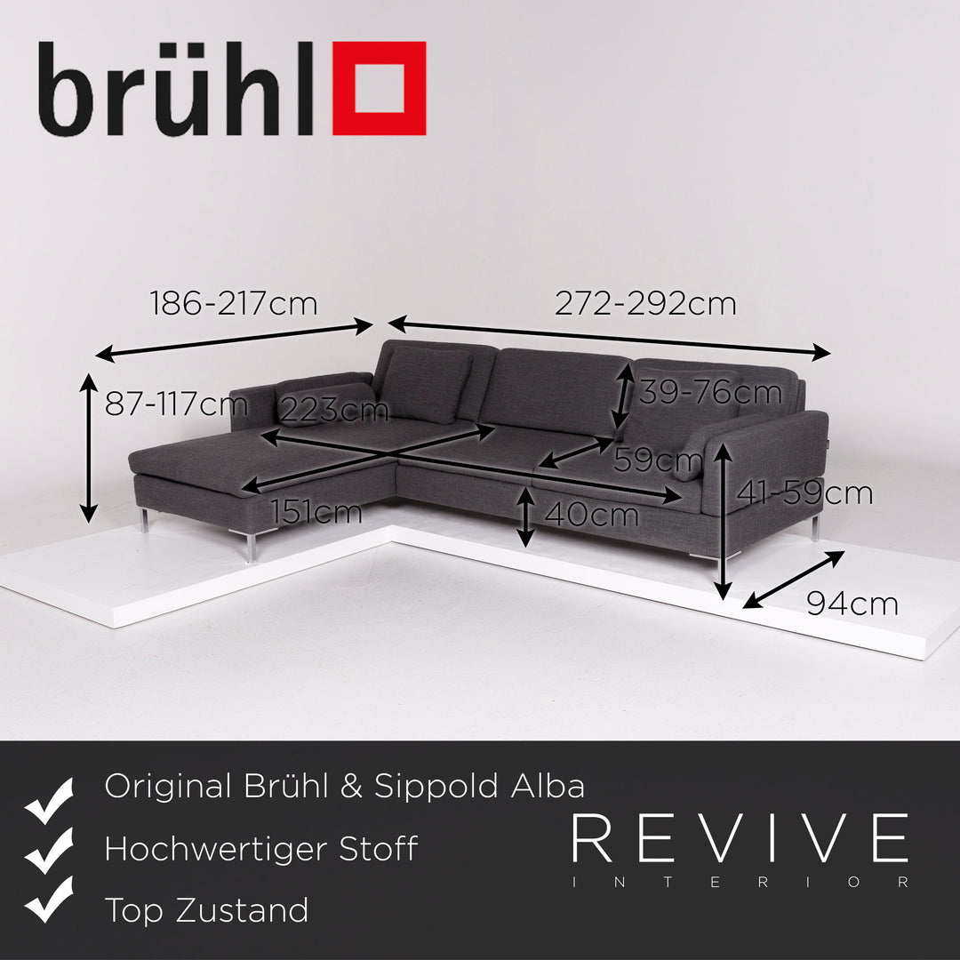 Brühl & Sippold Alba fabric corner sofa gray function sofa couch #11139