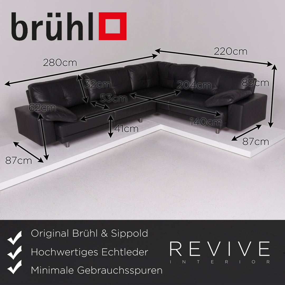Brühl & Sippold Leather Sofa Set Black Corner Sofa Stool #11921