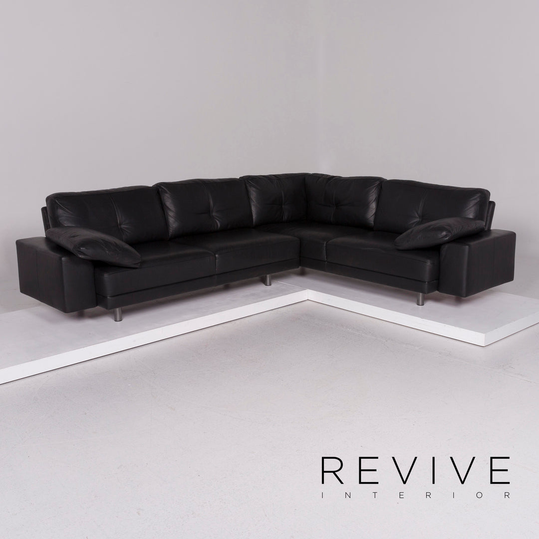 Brühl & Sippold Leather Sofa Set Black Corner Sofa Stool #11921