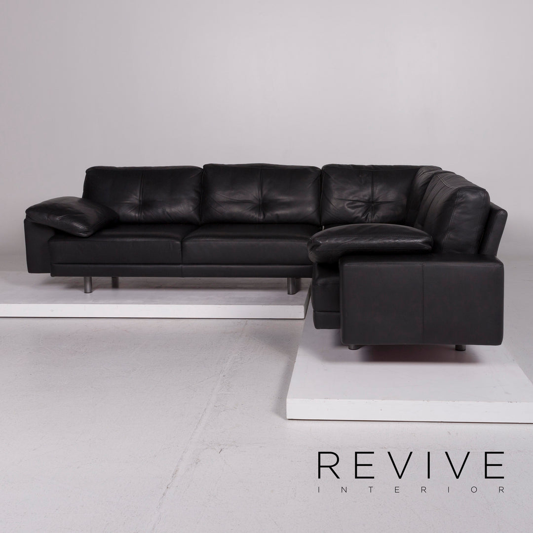 Brühl & Sippold Leather Sofa Set Black Corner Sofa Stool #11921