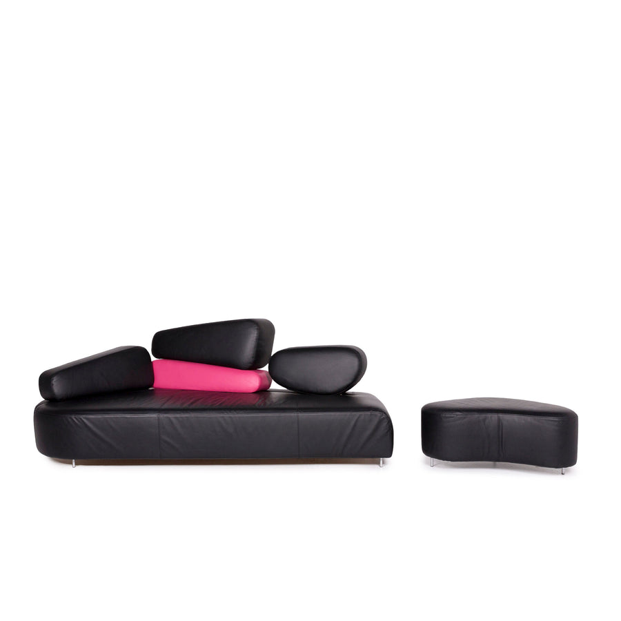 Brühl & Sippold Mosspink Leder Sofa inkl. Hocker Schwarz Pink Dreisitzer Kati Meyer-Brühl Couch #10895