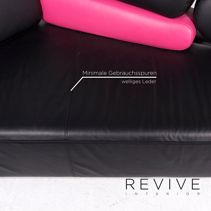 Brühl & Sippold Mosspink Leder Sofa inkl. Hocker Schwarz Pink Dreisitzer Kati Meyer-Brühl Couch #10895