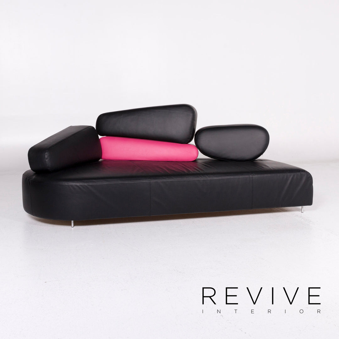 Brühl & Sippold Mosspink Leder Sofa inkl. Hocker Schwarz Pink Dreisitzer Kati Meyer-Brühl Couch #10895