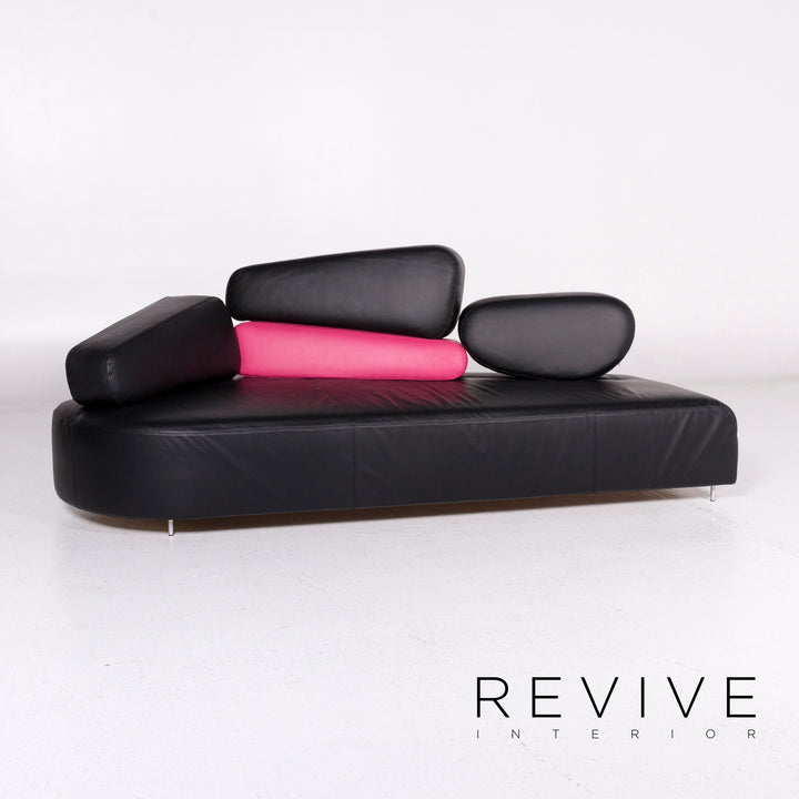 Brühl & Sippold Mosspink Leder Sofa inkl. Hocker Schwarz Pink Dreisitzer Kati Meyer-Brühl Couch #10895