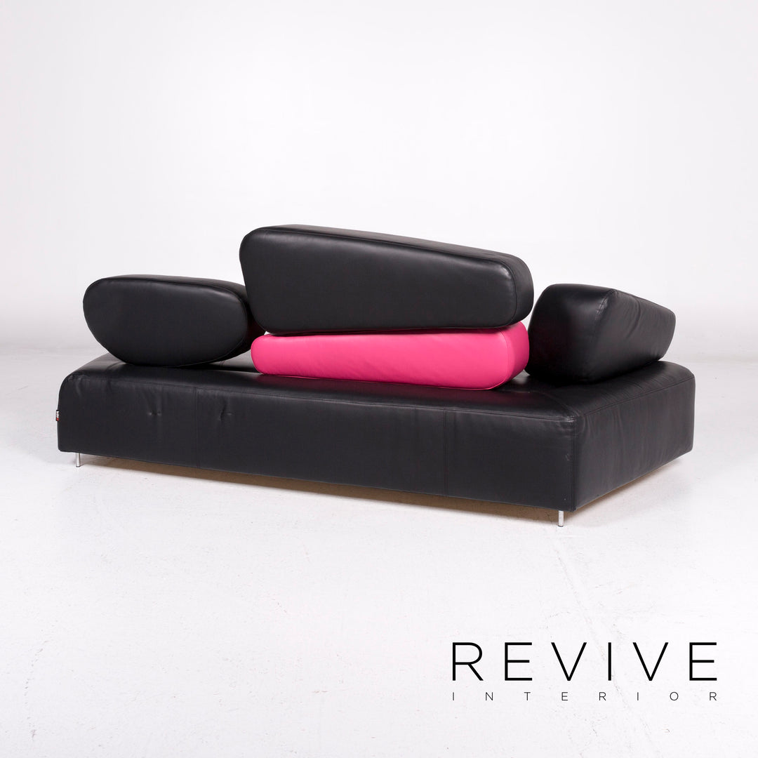 Brühl & Sippold Mosspink Leder Sofa inkl. Hocker Schwarz Pink Dreisitzer Kati Meyer-Brühl Couch #10895