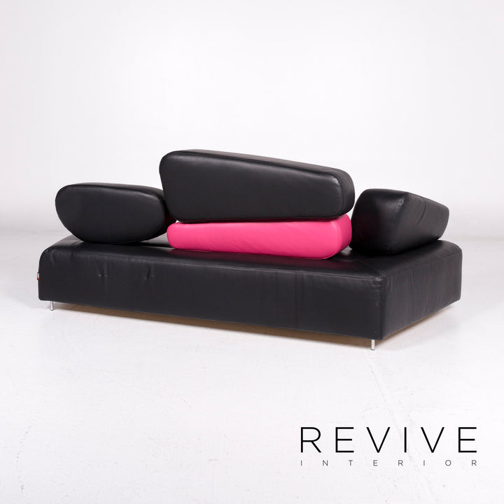 Brühl & Sippold Mosspink Leder Sofa inkl. Hocker Schwarz Pink Dreisitzer Kati Meyer-Brühl Couch #10895