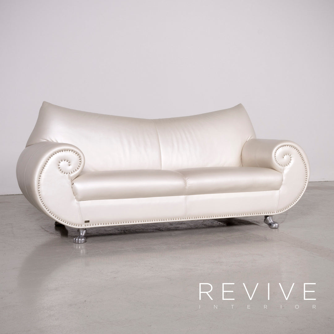 Bretz Gaudi Leder Sofa Weiß Perlmutt Dreisitzer Echtleder Couch #7216