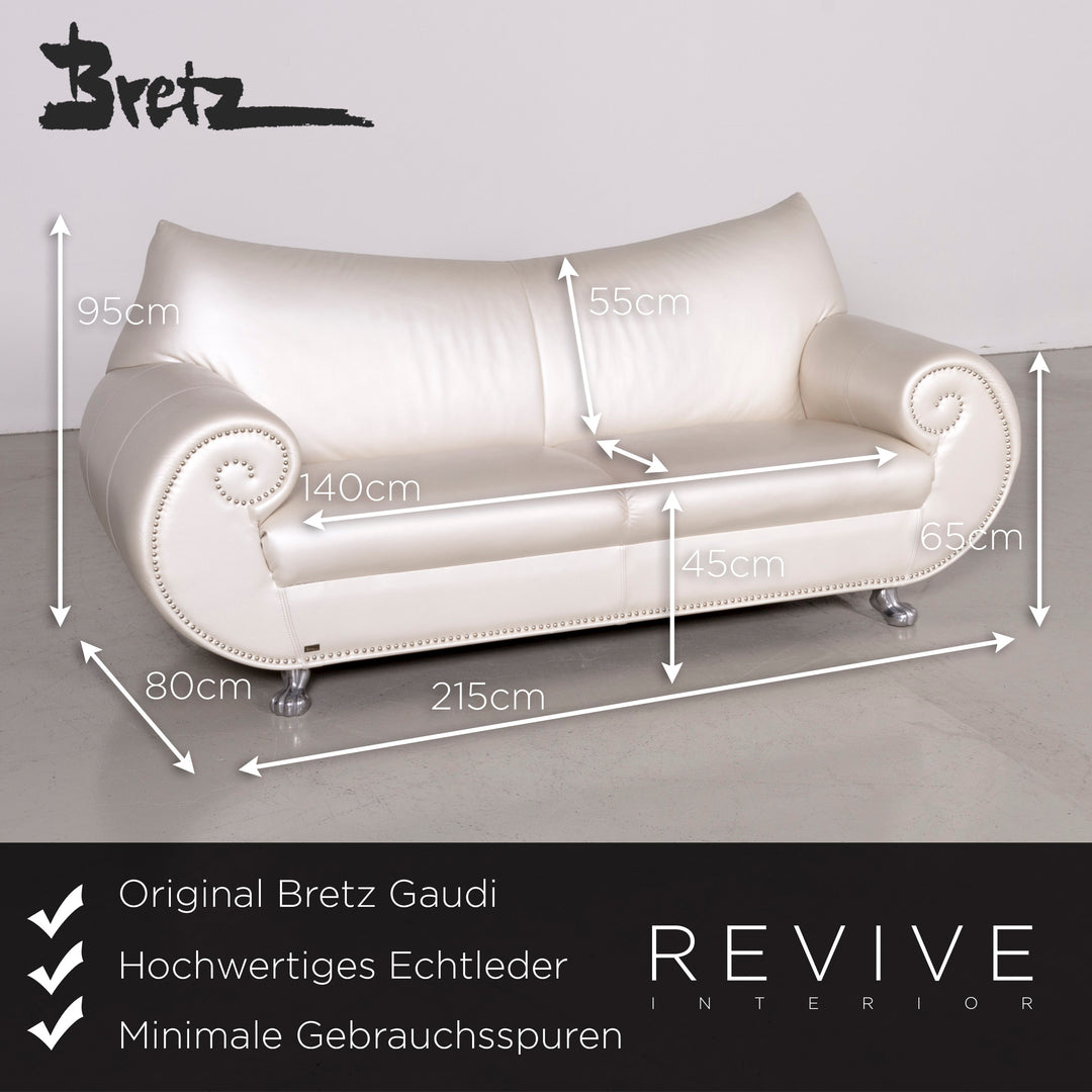 Bretz Gaudi Leder Sofa Weiß Perlmutt Dreisitzer Echtleder Couch #7216
