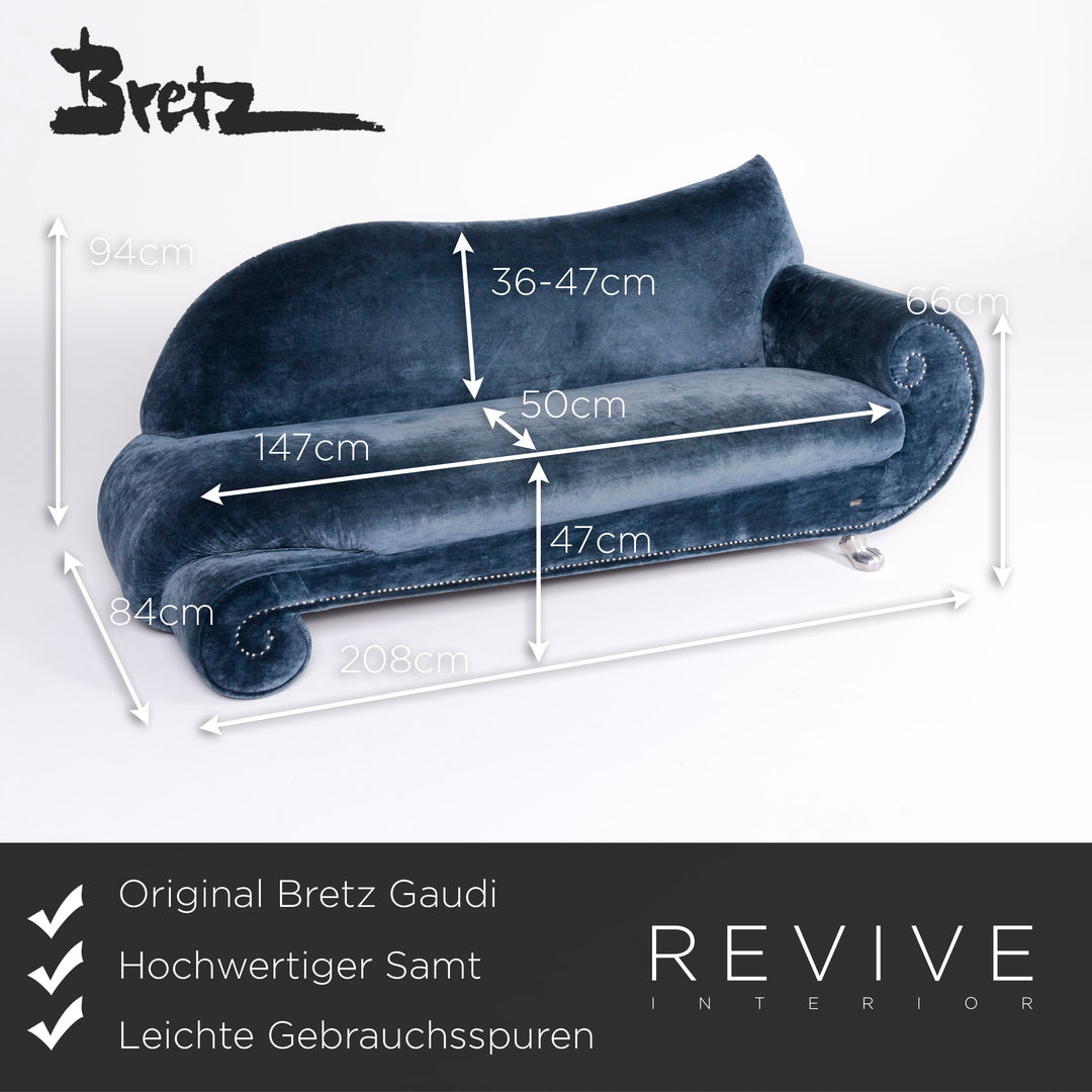 Bretz Gaudi Designer Samt Sofa Blau Dreisitzer Couch Récamière #8522