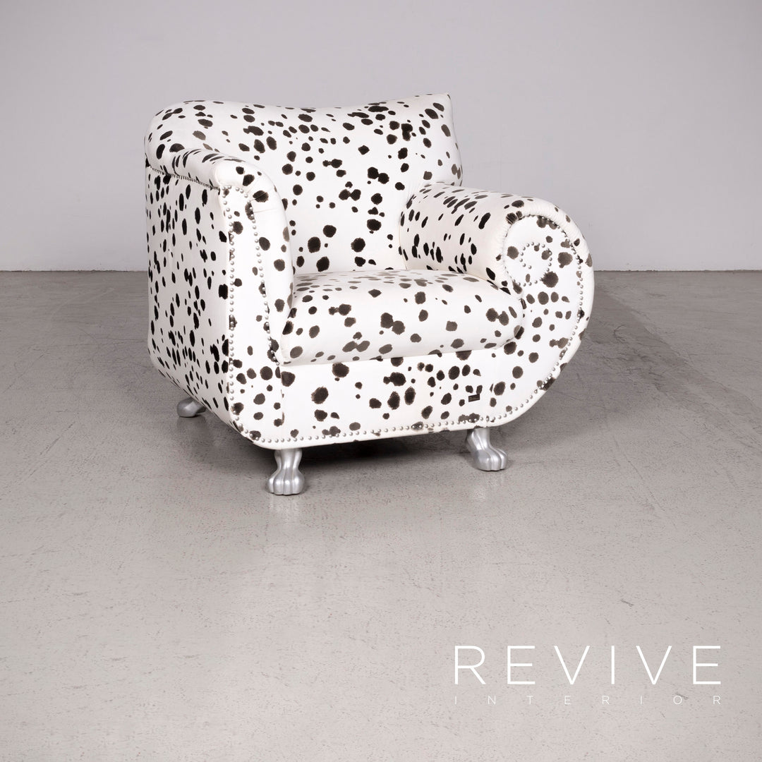 Bretz Gaudi Designer Stoff Sessel Weiß Dalmatiner Muster Stuhl mit Hocker #7807