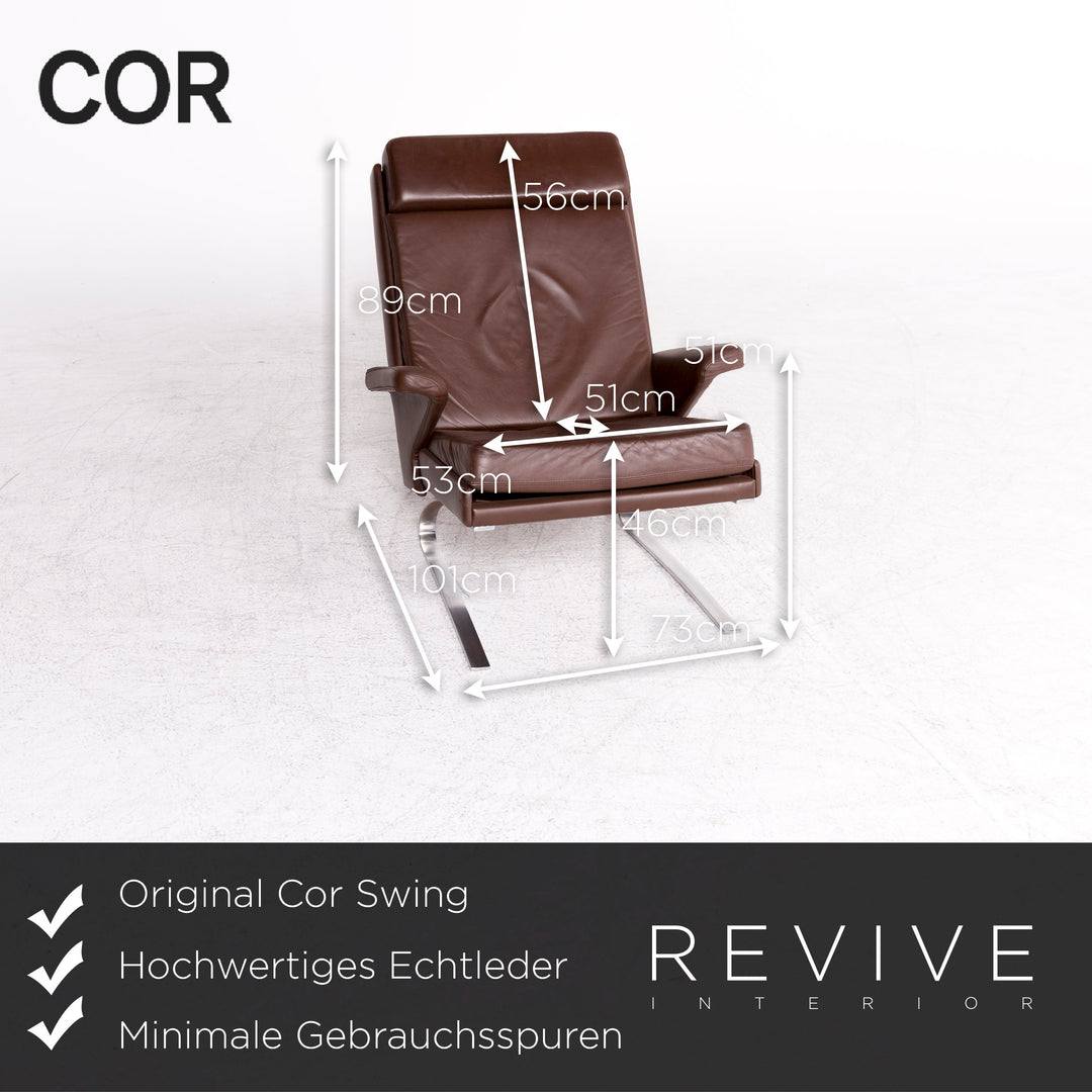 Fauteuil design Cor Swing en cuir marron par Reinhold Adolf, chaise en cuir véritable #8619
