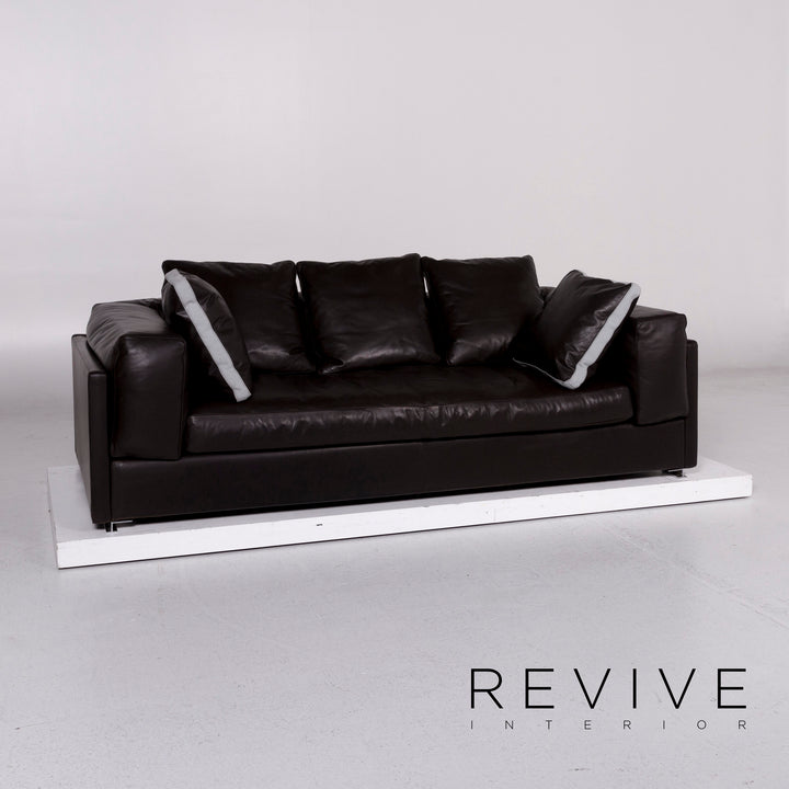 Minotti Leather Sofa Brown Dark Brown Three Seater Couch #11143