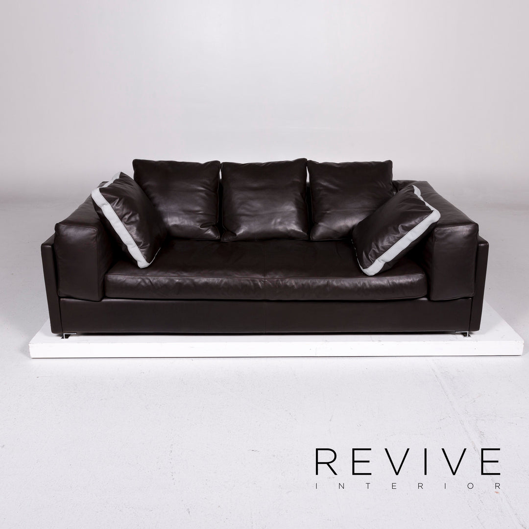 Minotti Leather Sofa Brown Dark Brown Three Seater Couch #11143