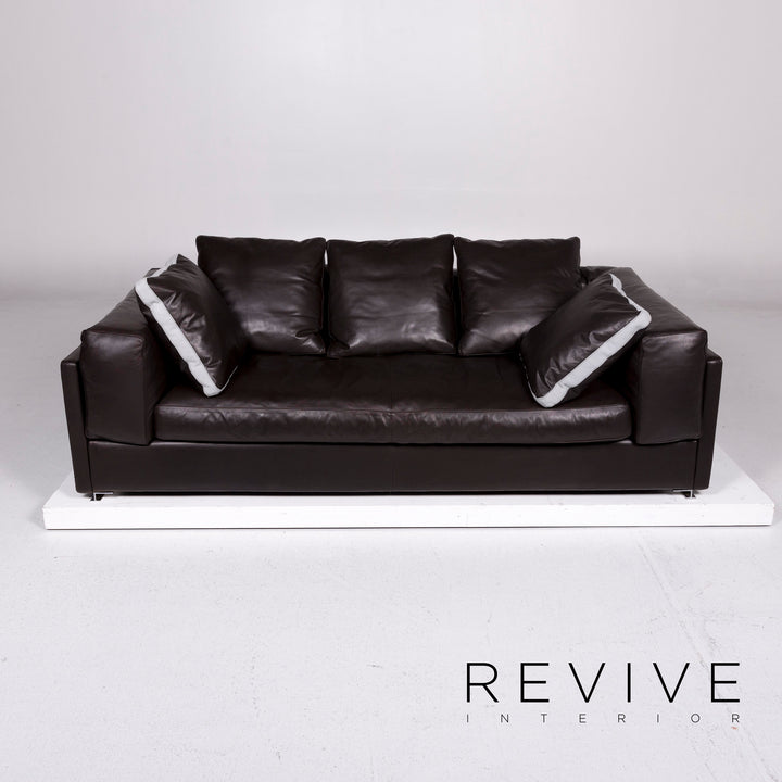 Minotti Leather Sofa Brown Dark Brown Three Seater Couch #11143