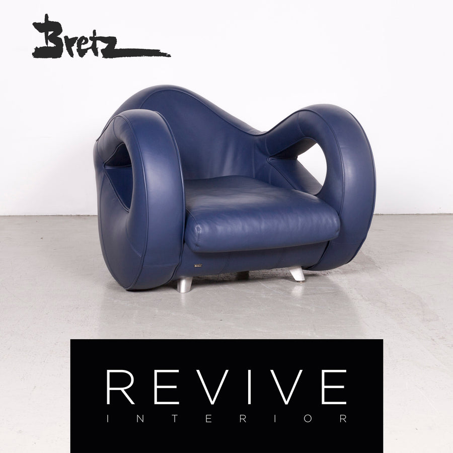Bretz Designer Leder Sessel Blau Echtleder Stuhl #7352