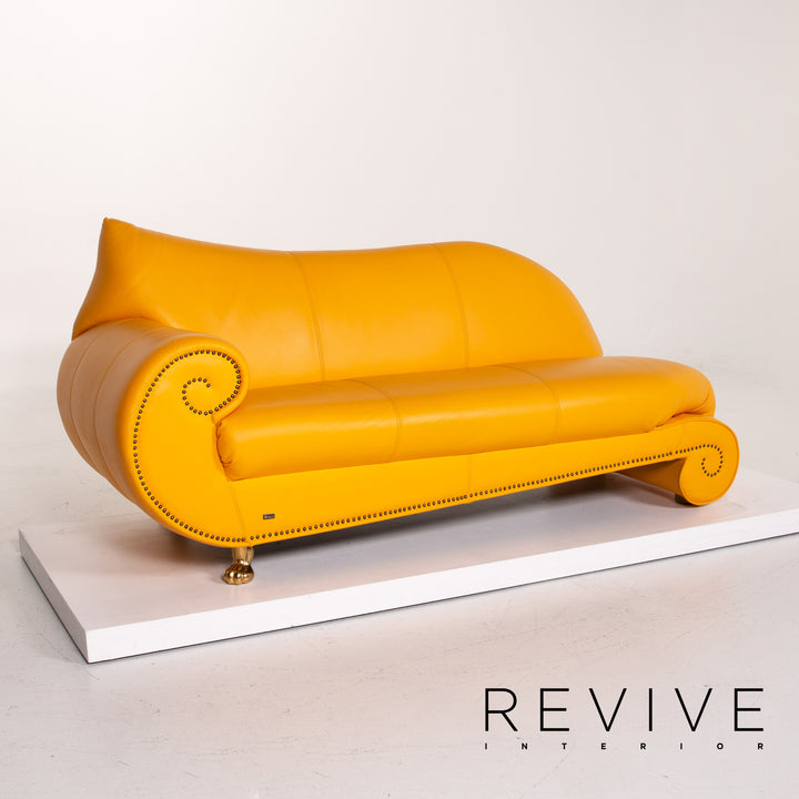 Bretz Gaudi Leder Sofa Gelb Dreisitzer Couch Vergoldet #14065