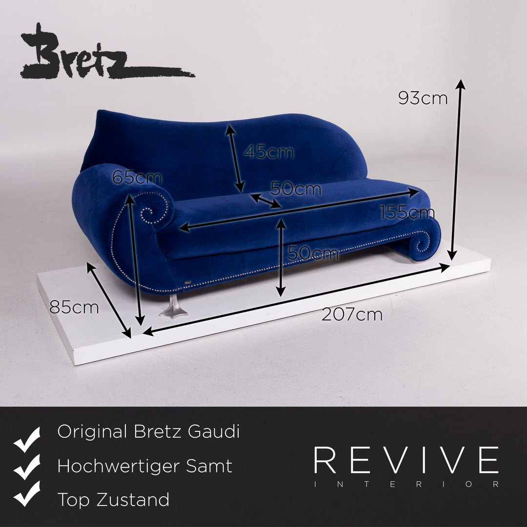 Bretz Gaudi Samt Sofa Garnitur Blau Zweisitzer Hocker #11929