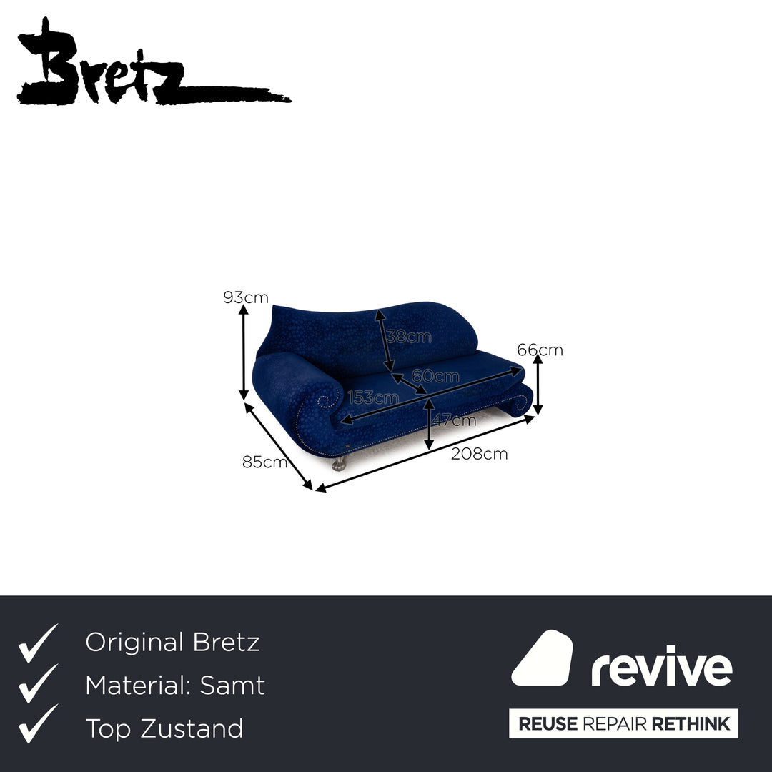 Bretz Gaudi Samt Stoff Sofa Blau Dreisitzer Couch Recamiere