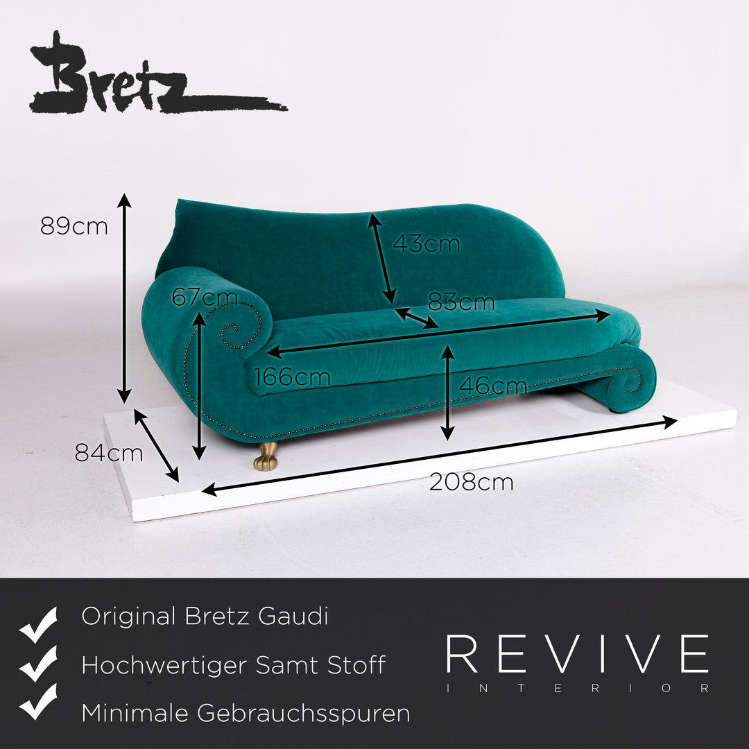 Bretz Gaudi Velvet Fabric Sofa Turquoise Three Seater Couch #11112