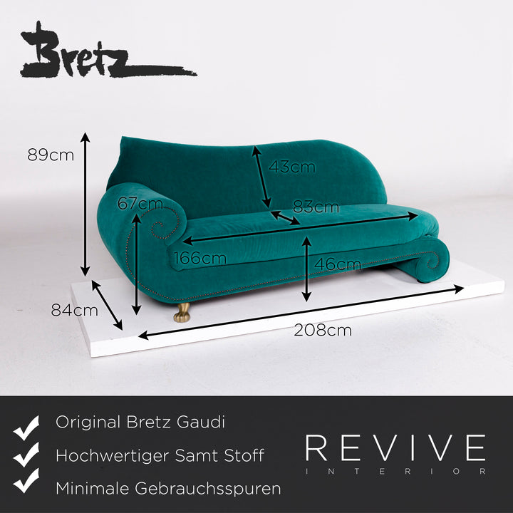 Bretz Gaudi Velvet Fabric Sofa Turquoise Three Seater Couch #11112