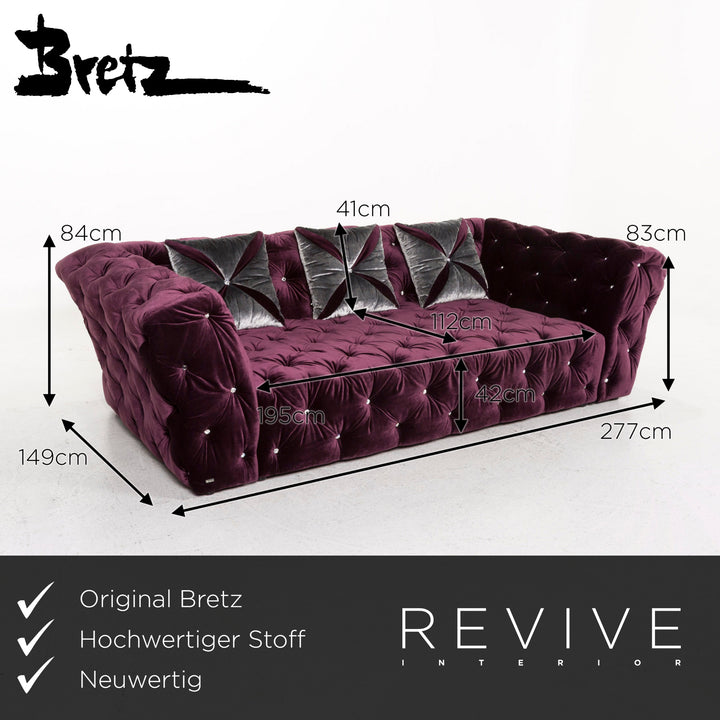 Bretz Marilyn Velvet Fabric Sofa Purple Three Seater Couch #12810
