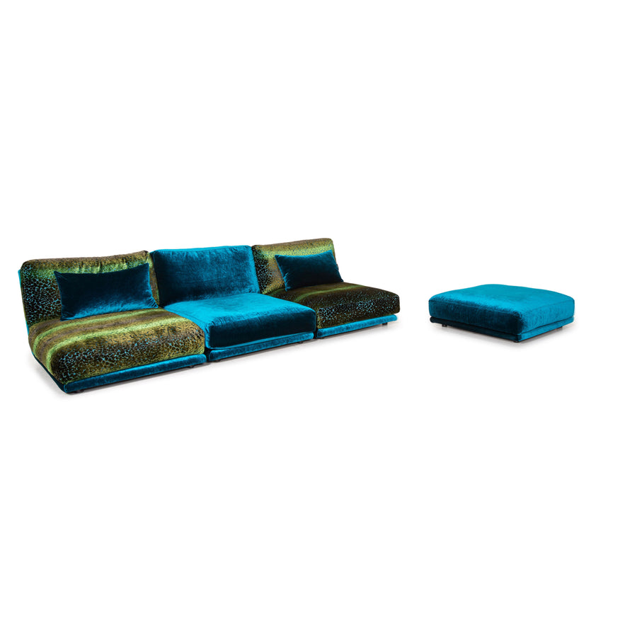 Bretz Napali Samt Sofa Garnitur Blau Grün 1x Dreisitzer 1x Hocker #15152