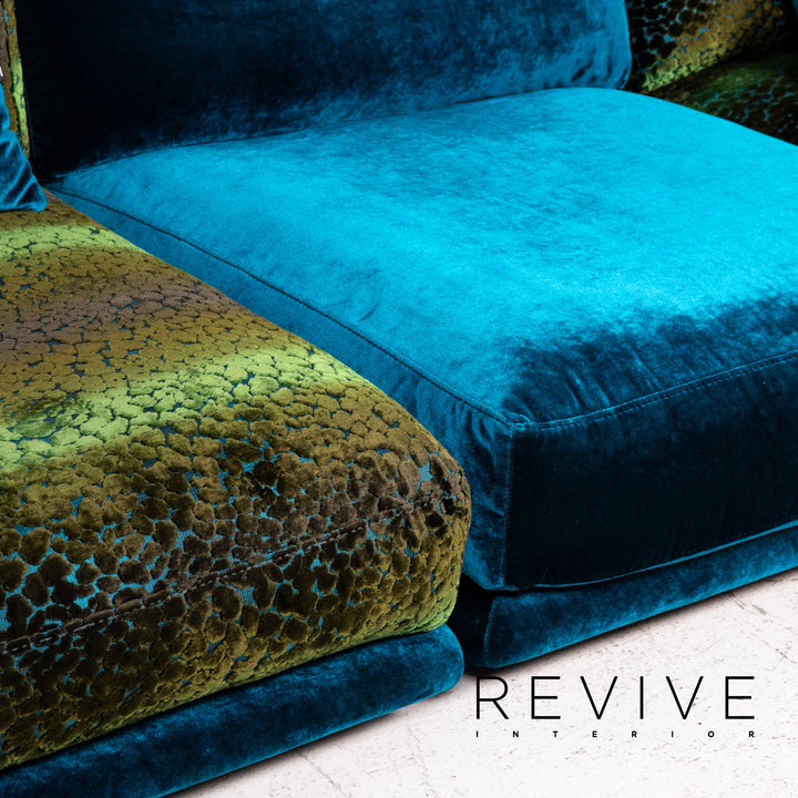 Bretz Napali Samt Sofa Garnitur Blau Grün 1x Dreisitzer 1x Hocker #15152