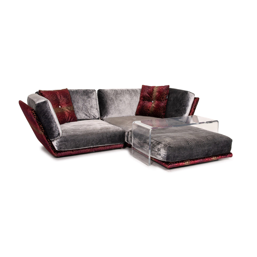 Bretz Napali Samt Stoff Ecksofa inkl. Plexiglastisch Grau Beere Sofa Couch #15432