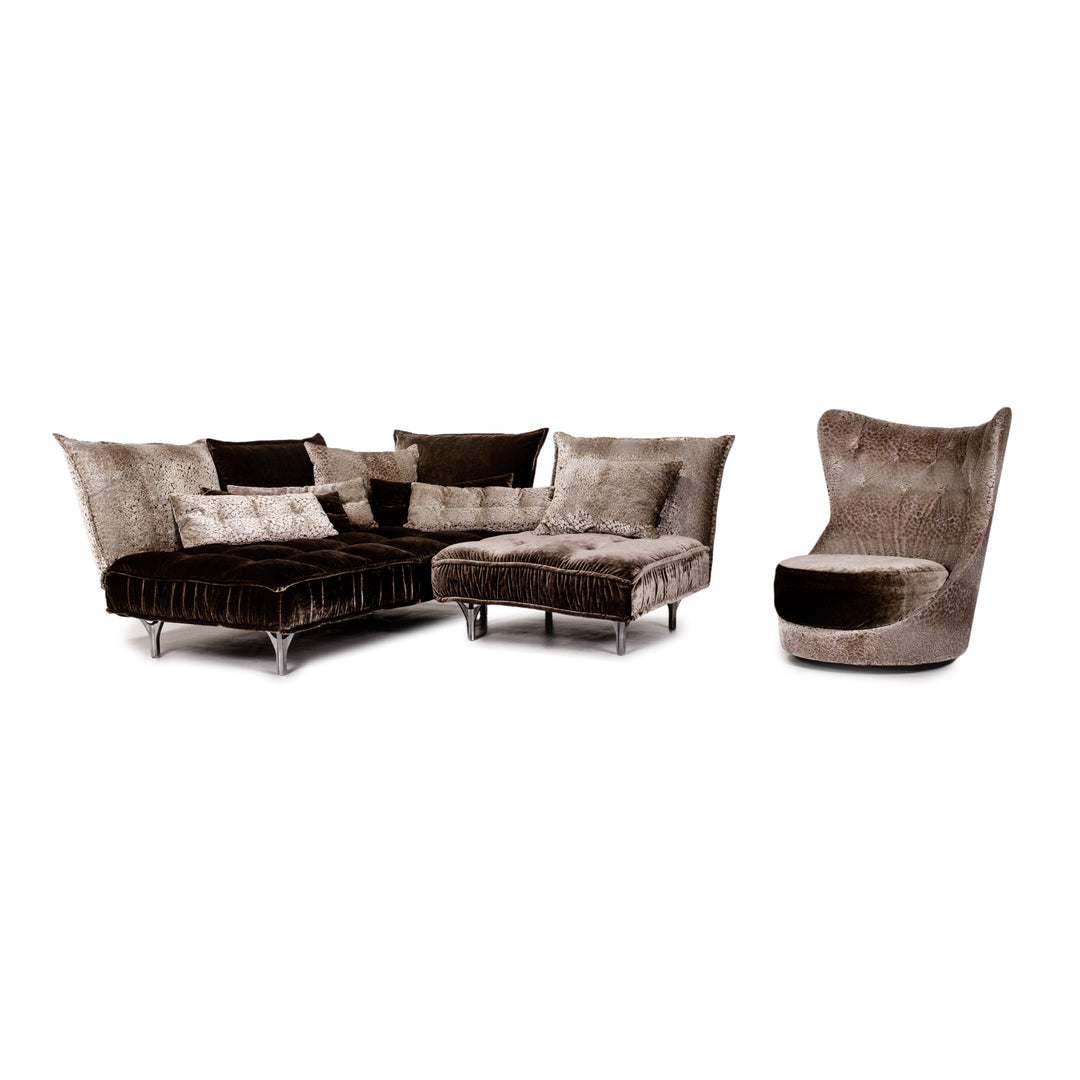 Bretz Ohlinda & Cocoa Island Samt Stoff Sofa Garnitur Grau Braun 1x Ecksofa 1x Sessel #13980