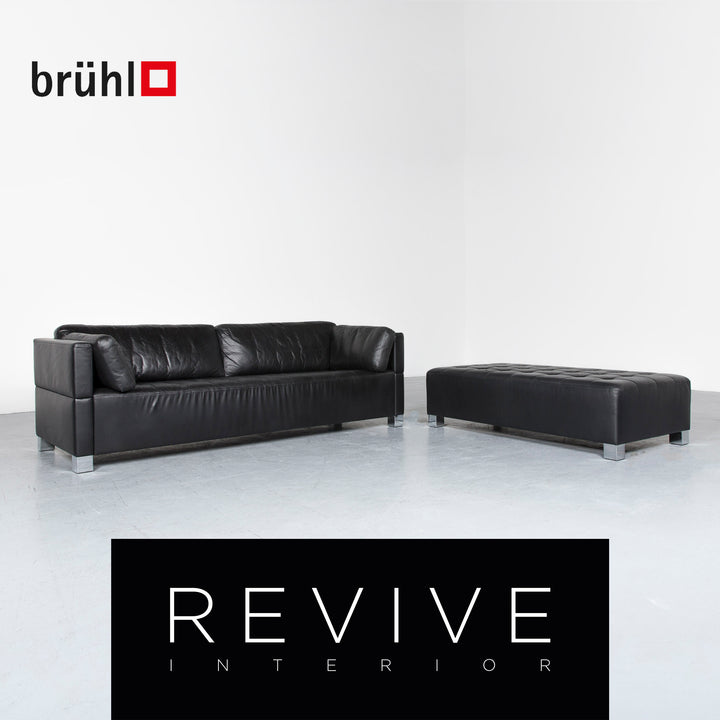 Brühl Carrée Designer Leder Sofa Hocker Garnitur Schwarz Echtleder Dreisitzer Couch #7207