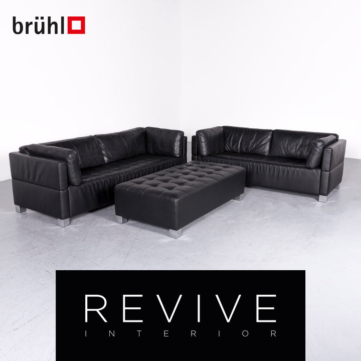 Brühl Carrée Designer Leder Sofa Hocker Garnitur Schwarz Echtleder Zweisitzer Dreisitzer Couch #7247