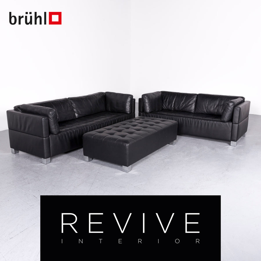 Brühl Carrée Designer Leder Sofa Hocker Garnitur Schwarz Echtleder Zweisitzer Dreisitzer Couch #7247